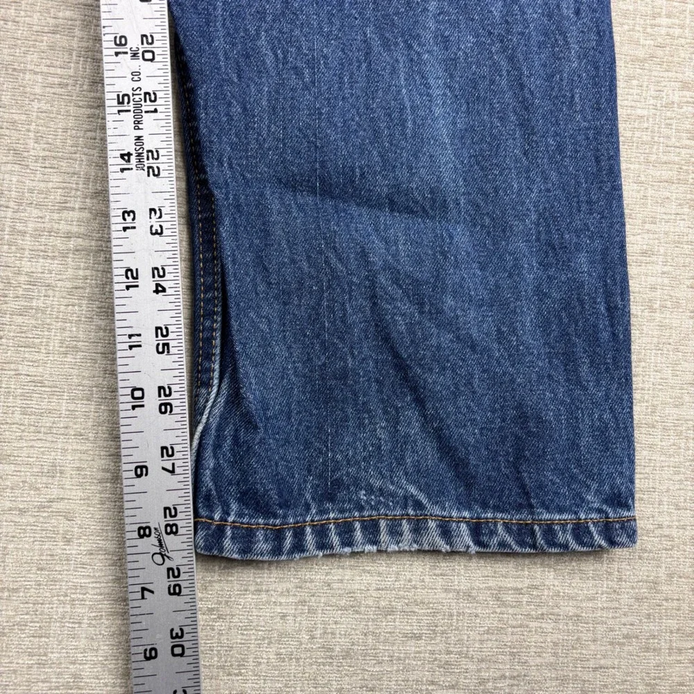 Levis 505 Mens 34x29 Jeans Medium Dark Washed Denim Grungy Low Knee Fading